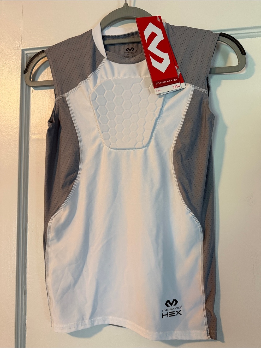 NWT McDavid HEX Youth L Sleeveless Padded Sternum Shirt - White & Gray